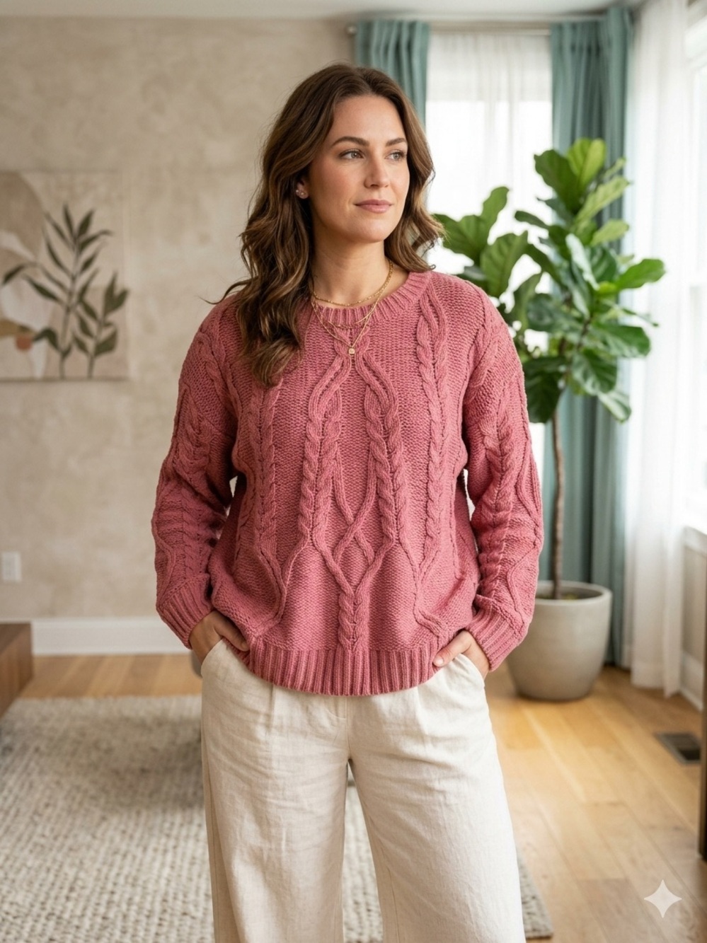 Time and Tru Rose Cable Knit Crewneck Sweater